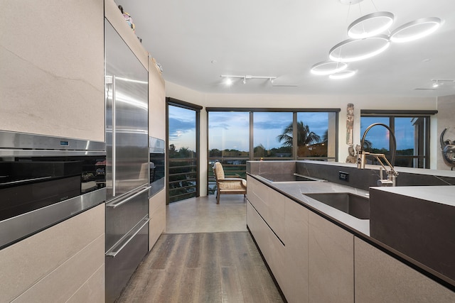 kitchen featuring stainless steel appliances, sink, pendant lighting, and wood-type flooring