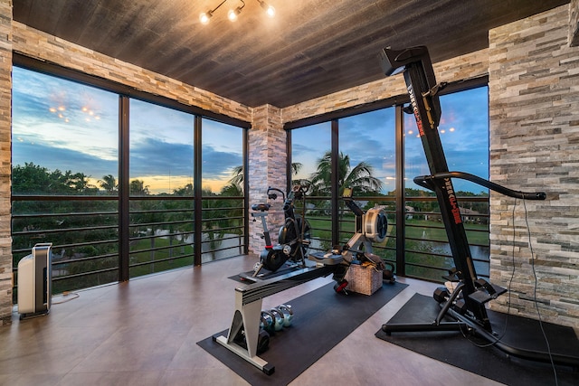 exercise area featuring wooden ceiling