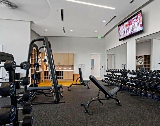 workout area featuring a towering ceiling