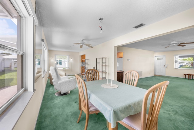 dining space featuring a textured ceiling, carpet, and ceiling fan