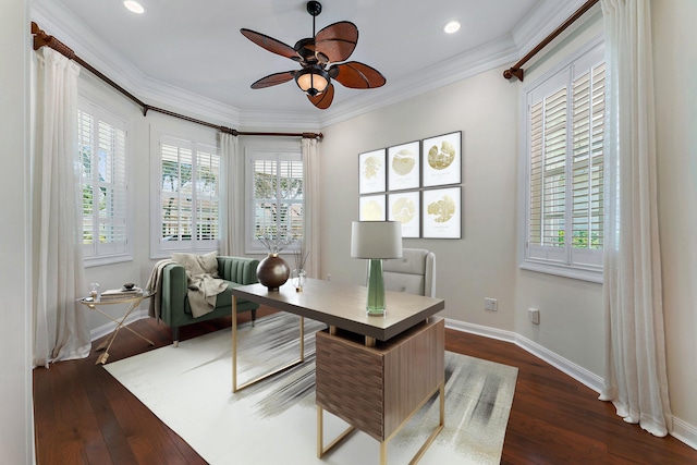 home office with ceiling fan, crown molding, and dark hardwood / wood-style flooring