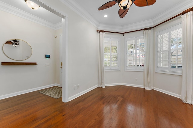 unfurnished room with ornamental molding, ceiling fan, dark hardwood / wood-style floors, and plenty of natural light