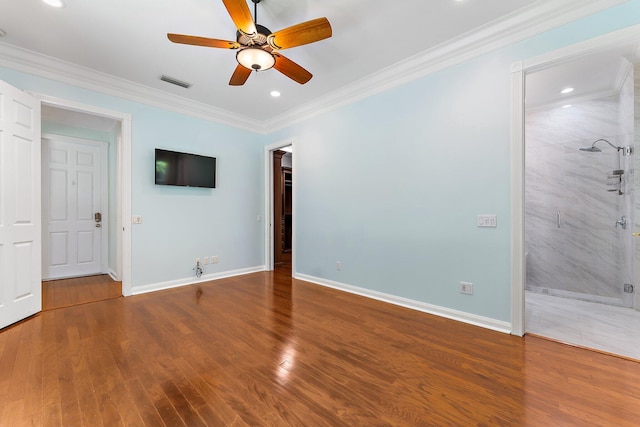 unfurnished bedroom featuring ceiling fan, ornamental molding, and hardwood / wood-style floors