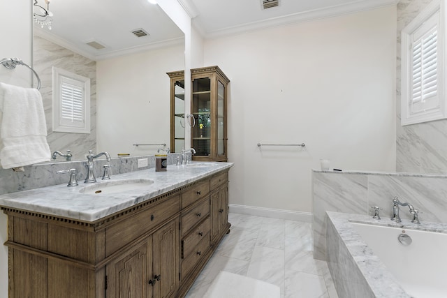 bathroom with ornamental molding, vanity, and a relaxing tiled tub