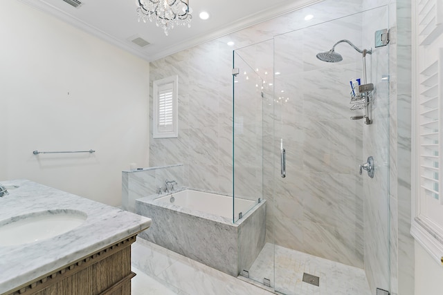 bathroom with independent shower and bath, vanity, ornamental molding, and a notable chandelier