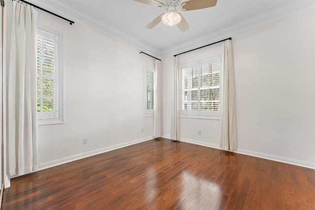 unfurnished room featuring crown molding, dark hardwood / wood-style flooring, and ceiling fan