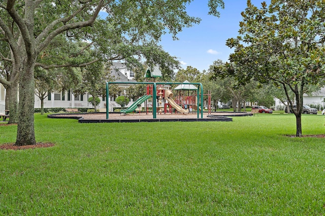 view of play area featuring a lawn