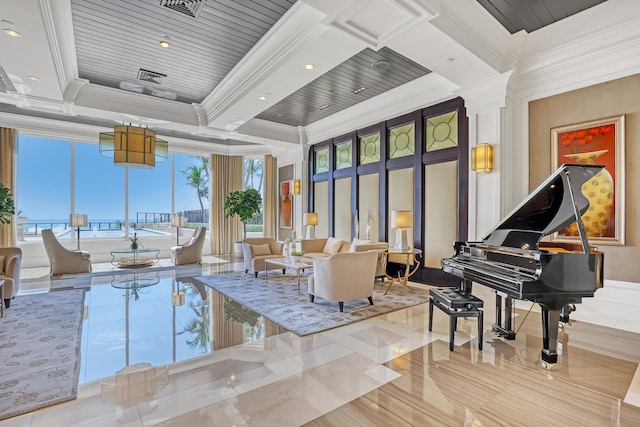 interior space featuring a pool, crown molding, and a healthy amount of sunlight