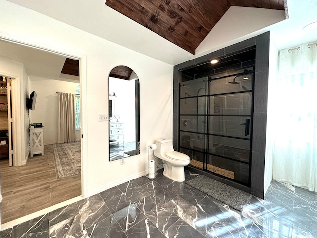 bathroom featuring toilet, lofted ceiling, wooden ceiling, hardwood / wood-style floors, and a shower with door