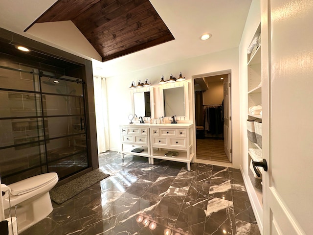 bathroom with vanity, wood ceiling, toilet, walk in shower, and vaulted ceiling