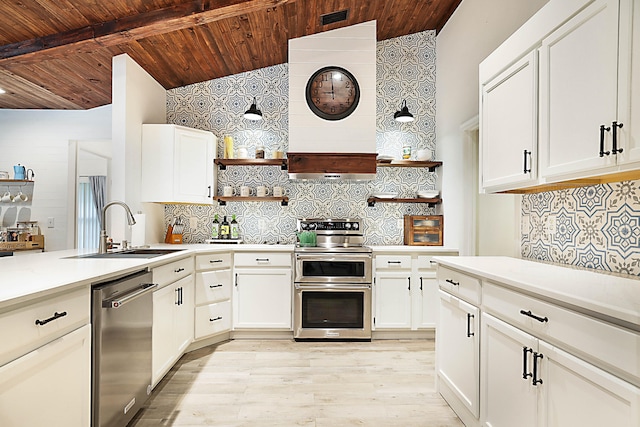 kitchen featuring vaulted ceiling with beams, sink, white cabinetry, stainless steel appliances, and wooden ceiling