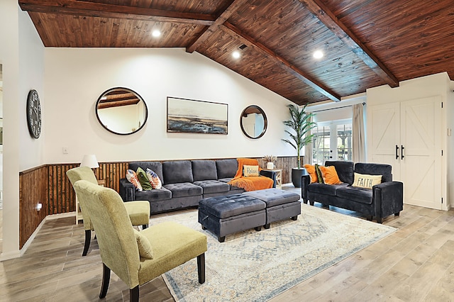 living room featuring wood walls, light hardwood / wood-style floors, wood ceiling, and lofted ceiling with beams