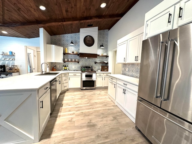 kitchen with light wood-type flooring, tasteful backsplash, beam ceiling, sink, and stainless steel appliances