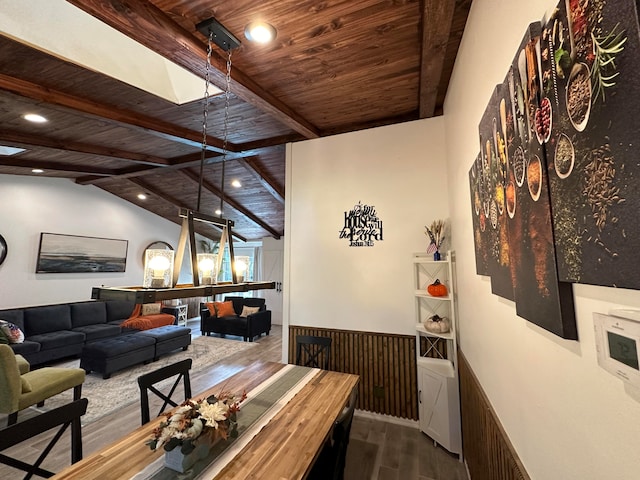 living room featuring wooden walls, vaulted ceiling with beams, wooden ceiling, and wood-type flooring