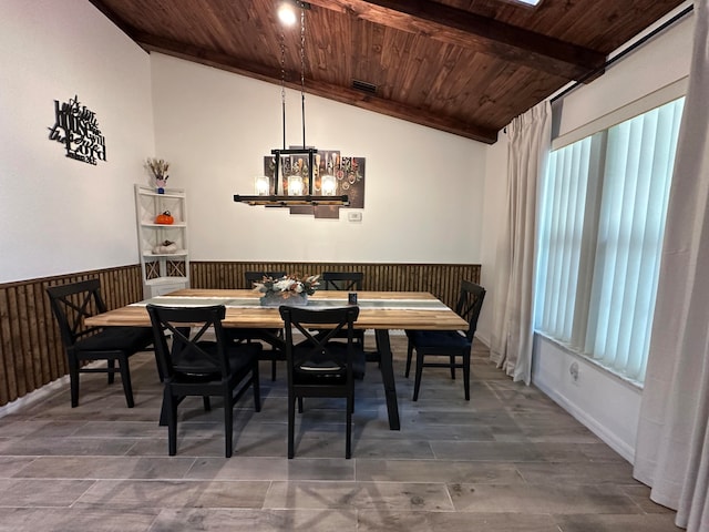 dining space with wooden walls, vaulted ceiling, and wooden ceiling