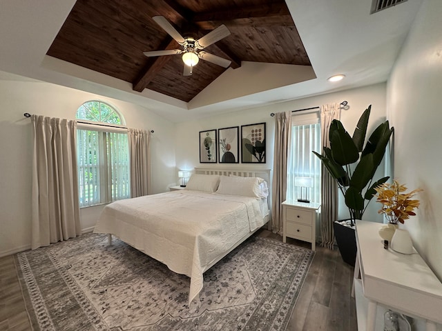 bedroom featuring ceiling fan, vaulted ceiling with beams, wood ceiling, and wood-type flooring