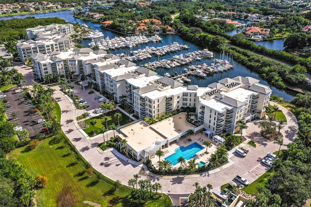 birds eye view of property featuring a water view