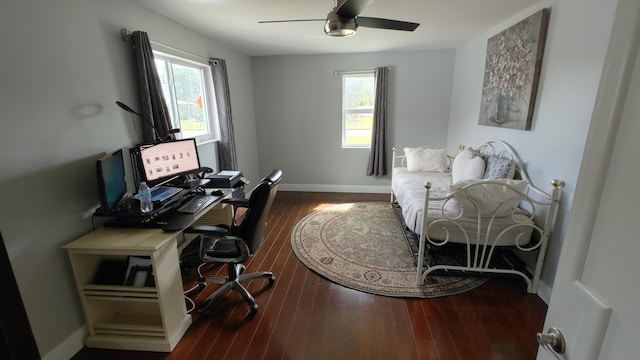 office area with ceiling fan and dark hardwood / wood-style flooring