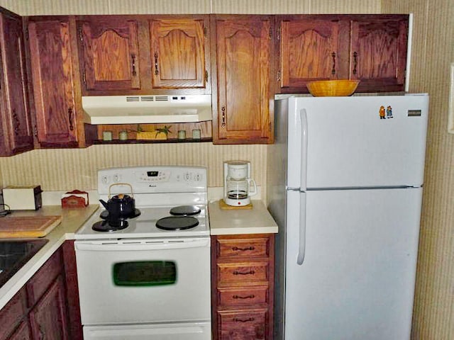 kitchen featuring white appliances and ventilation hood