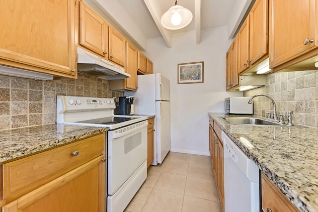 kitchen featuring sink, light tile patterned floors, white appliances, backsplash, and light stone countertops