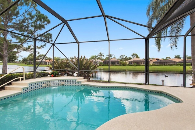 view of pool with a water view and a lanai