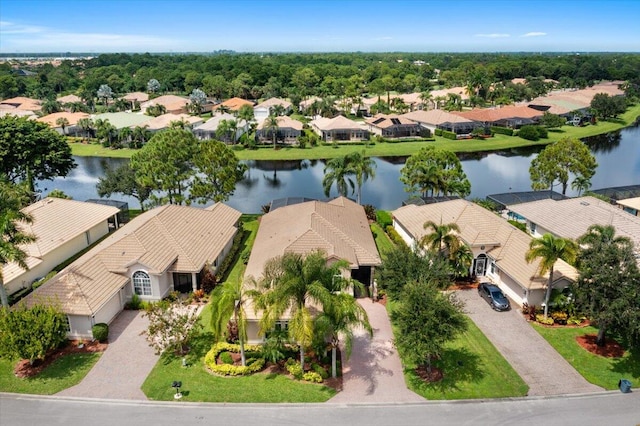 bird's eye view with a water view