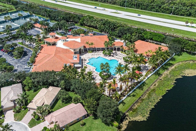 aerial view featuring a water view