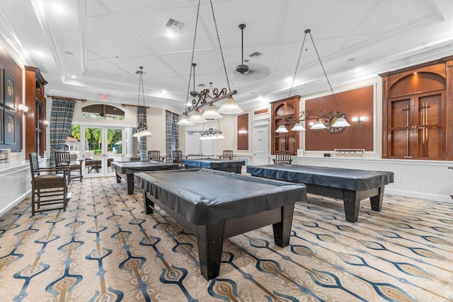 recreation room with pool table and french doors