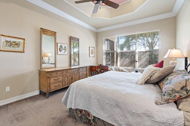 bedroom featuring ceiling fan, light carpet, and crown molding