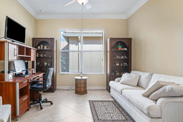 office with ceiling fan, light tile patterned floors, and ornamental molding