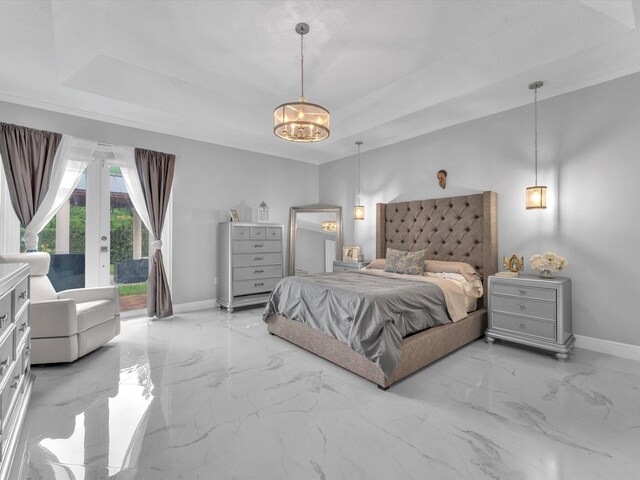 bedroom with access to outside, a raised ceiling, and an inviting chandelier