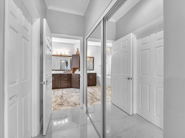 bathroom featuring a bath, vanity, and ornamental molding