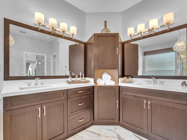 bathroom featuring vanity and vaulted ceiling