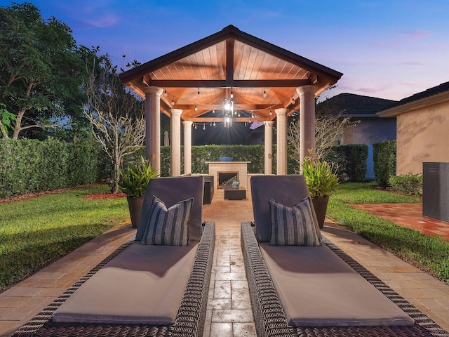 patio terrace at dusk with ceiling fan