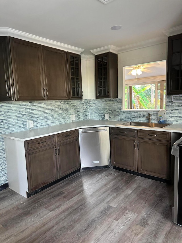 kitchen with wood-type flooring, dishwasher, ceiling fan, and dark brown cabinetry