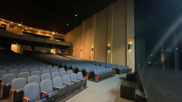 cinema room with a towering ceiling and carpet floors