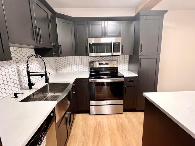 kitchen featuring appliances with stainless steel finishes, sink, light hardwood / wood-style flooring, and tasteful backsplash