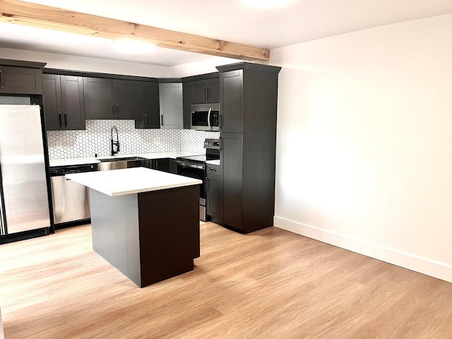 kitchen with backsplash, a kitchen island, stainless steel appliances, light wood-type flooring, and sink