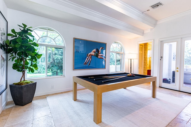 recreation room with pool table and crown molding