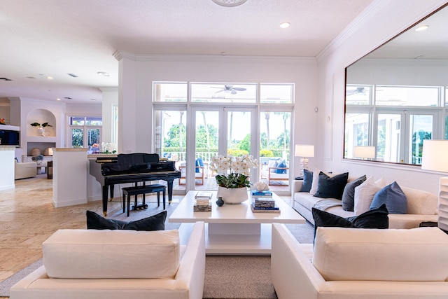 15495 Tall Oak Ave, Delray Beach, FL 33446 - living area with a ceiling fan, crown molding, and recessed lighting