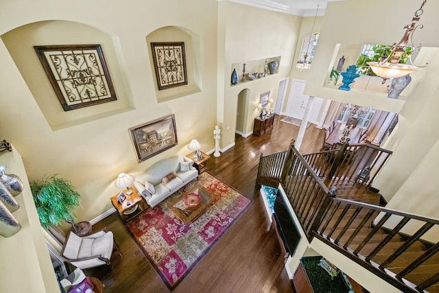 living room featuring a high ceiling and dark wood-type flooring