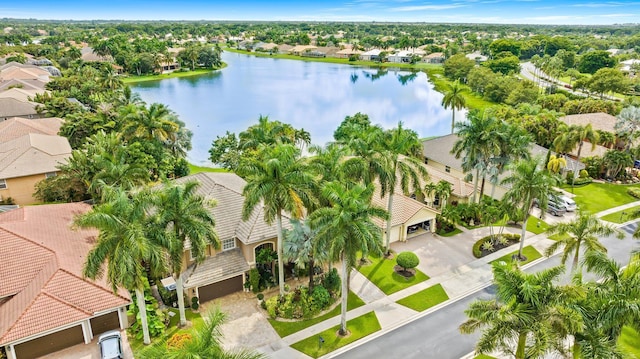 bird's eye view with a water view