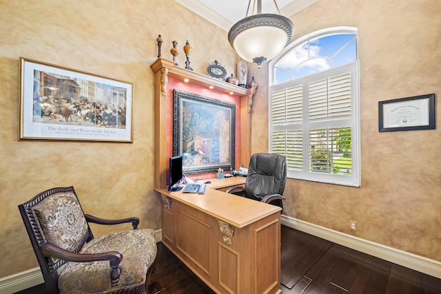 office featuring dark wood-type flooring and crown molding