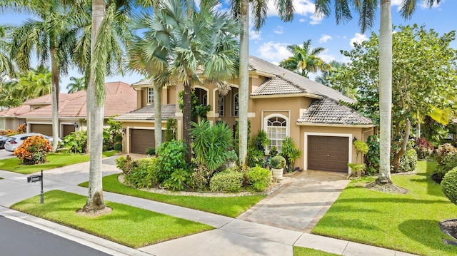 mediterranean / spanish house featuring a front yard and a garage