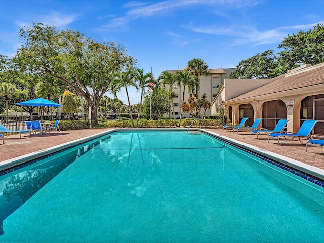 view of swimming pool featuring a patio area