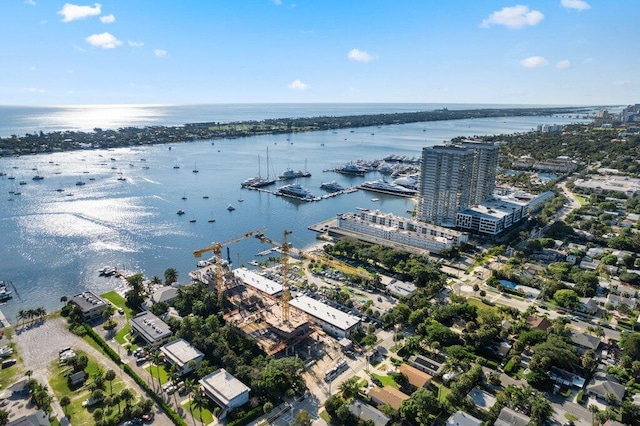 drone / aerial view featuring a water view