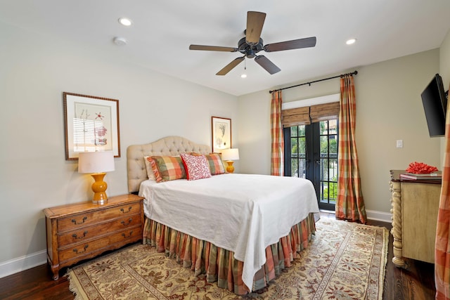 bedroom featuring ceiling fan, access to exterior, french doors, and dark hardwood / wood-style flooring