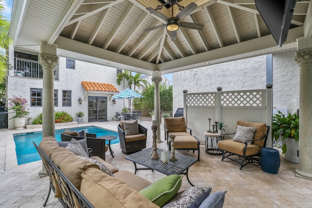 view of patio / terrace featuring ceiling fan, outdoor lounge area, and a gazebo