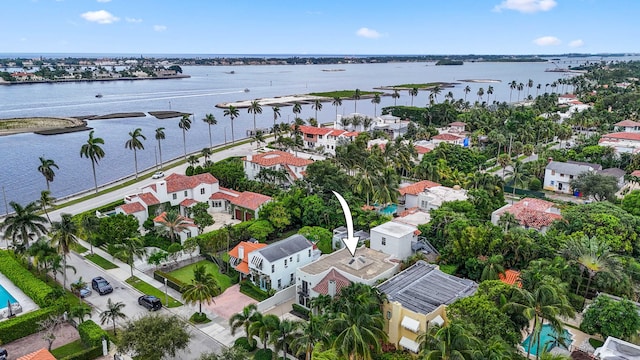 drone / aerial view with a water view