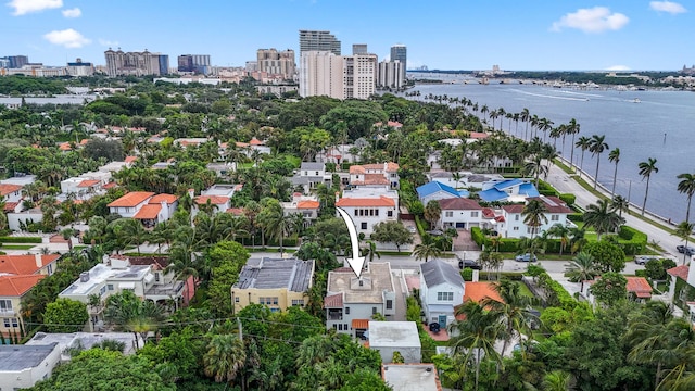 aerial view featuring a water view